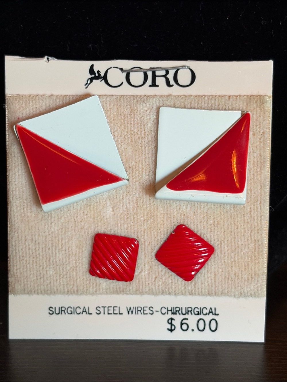 Vintage Coro Red White Geometric Enamel Earrings NOS Carded